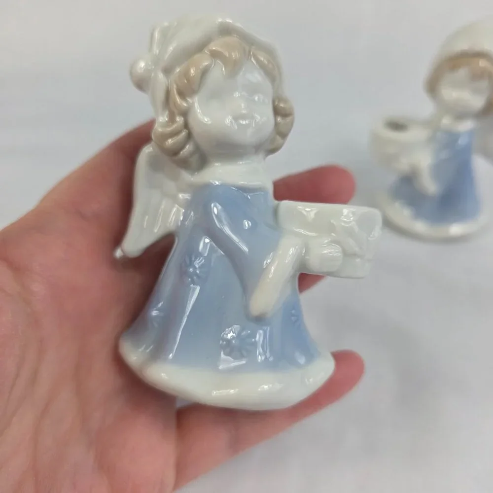 TWO Vintage Ceramic Candle Holders Blue & White Angels Colonial Candle